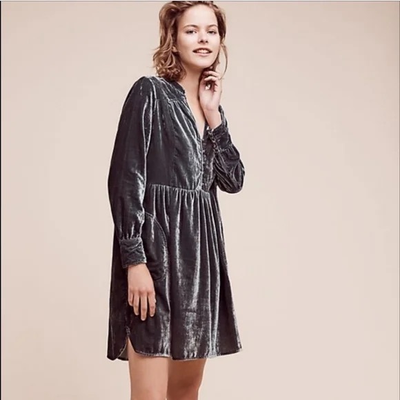 Anthropologie Holding Horses Velvet Shirt Dress | Silver | Size S - Picture 2 of 6